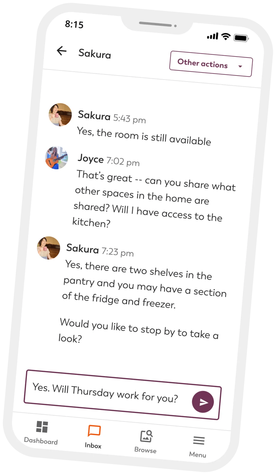 Photo with matched person conversation on HomeShare Online